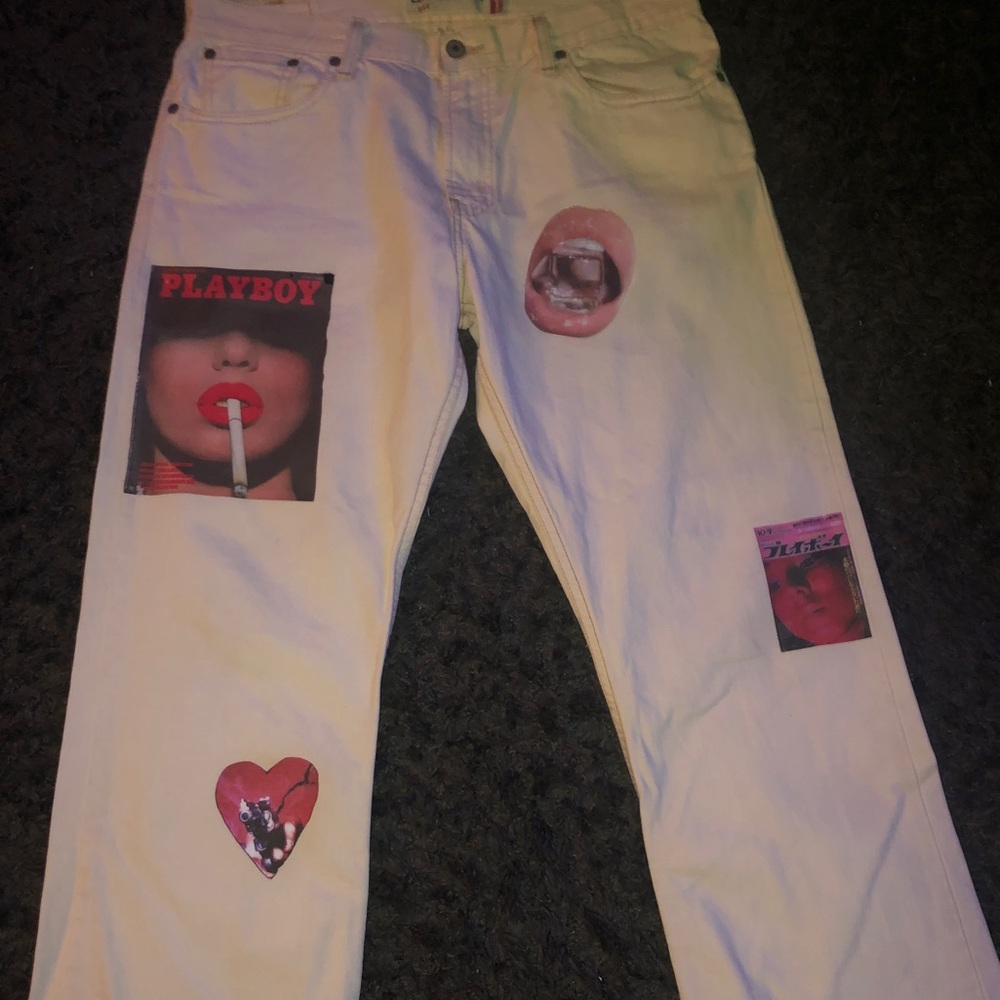 Custom white Playboy jeans- baggy fit